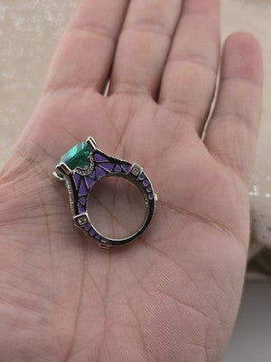 Vtg Paris Eiffel Tower Style Green Stone Purple Enamel Statement Cocktail Ring
