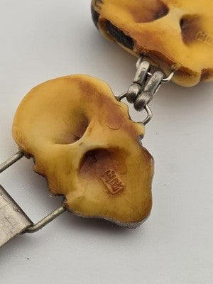 Antique Japanese Figural Face Bracelet Carved Bon Seven Gods Meiji Era. Signed.