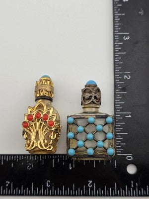 Pair Of Vintage Jeweled Miniature Perfume Bottles Filigree Glass Scent Bottles