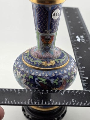 Rare Vintage Chinese Cloisonne Enamel Butterfly Floral Vase w Wood Stand Blue