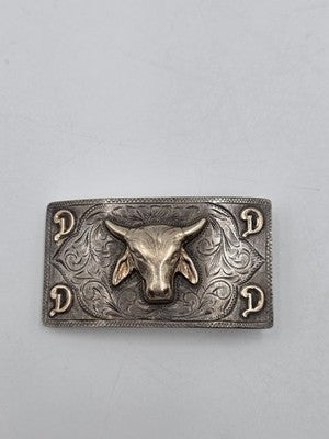 Nelson Co Sterling Silver 10K Solid Gold Bull Head Western Belt Buckle Engraved.