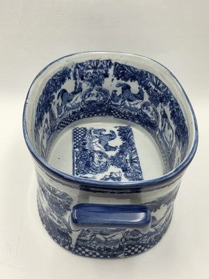 Pair XL Blue White Transferware Cachepot Jardiniere Planters Farm Animal Decor