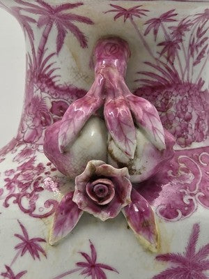 Vintage Chinese Porcelain Pink Chinoiserie Vase w Pommegranate Flowered Handles