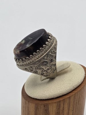Antique Handcrafted Men Sterling Silver 925 Natural Dark Aqeeq Agate Ring Sz 9.