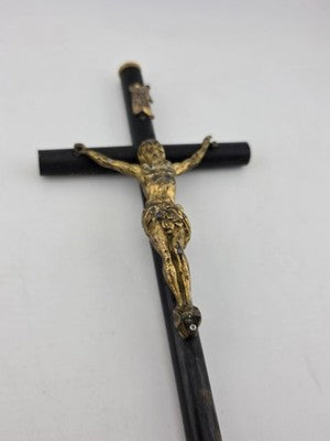 Rare Antique 19th C Crucifix Metal Jesus On Wood Cross W Rare Tips Memento.