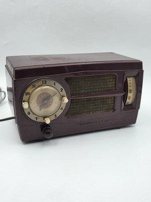 Vintage 1950s Westinghouse H-355T5 Tube Radio Telechron Alarm Clock Maroon. Read