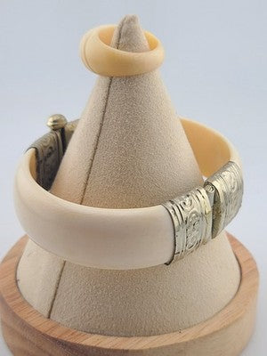 Rare Antique Set Of Bone Bracelet & Ring Intricate Hand Tooled Sterling Silver