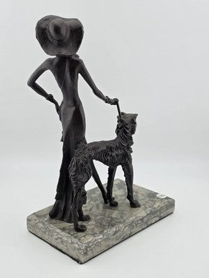 Rare 1930's Art Deco French Bronze Sculpture of Lady Walking Her Greyhound Dog.