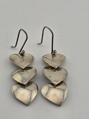 Rare Antique Taxco TR-60 Mexico Sterling Silver Triple Heart Earrings