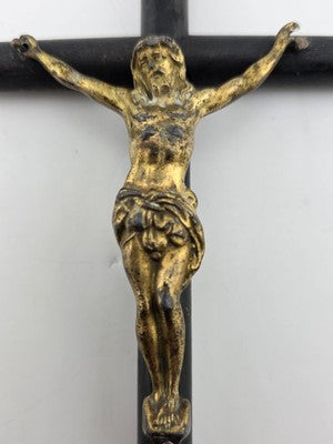 Rare Antique 19th C Crucifix Metal Jesus On Wood Cross W Rare Tips Memento.