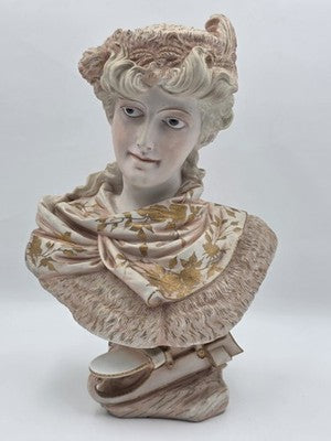Antique 1890's German Porcelain Bust Hand Painted Gilt Victorian Woman Sculpture
