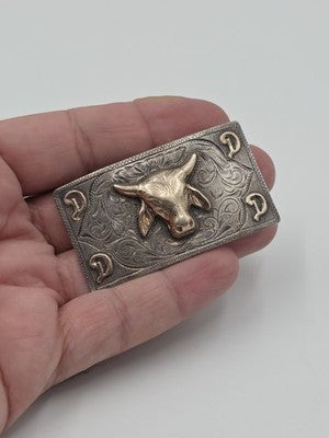Nelson Co Sterling Silver 10K Solid Gold Bull Head Western Belt Buckle Engraved.