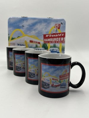 McDonalds Tin With Set Of 4 Coffee Mugs Cups 15 Cent Hamburger Retro MCM