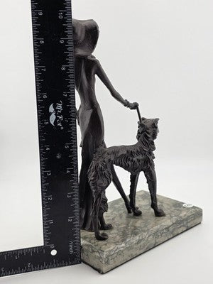 Rare 1930's Art Deco French Bronze Sculpture of Lady Walking Her Greyhound Dog.