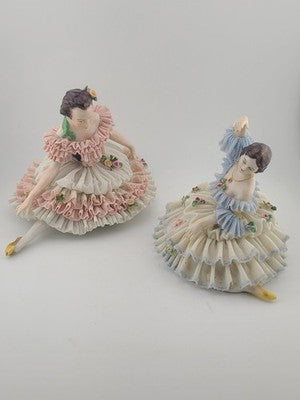 Pair Antique Dresden Lace Ballerina Figurine Dancer Handarbeit Germany Porcelain