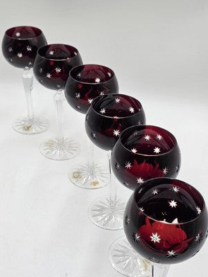 Set Of 6 Vintage Ajka Marsala Ruby Red Cut To Clear Crystal Hock Wine Glass