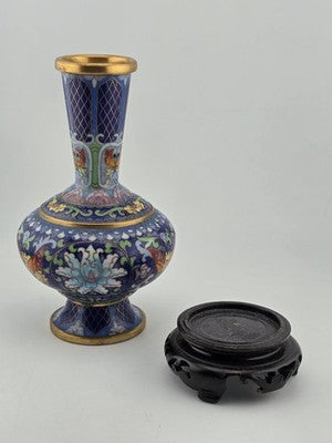 Rare Vintage Chinese Cloisonne Enamel Butterfly Floral Vase w Wood Stand Blue