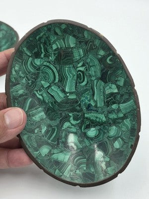 Beautiful Pair Of Antique MCM Malachite & Brass Round And Oval Trinkett Dishes.