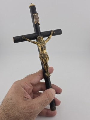 Rare Antique 19th C Crucifix Metal Jesus On Wood Cross W Rare Tips Memento.
