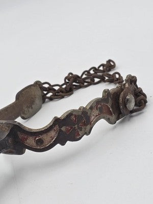 Antique Western Cowboy Spurs Pair Hand Engraved Red Inlay Steel w/ Chains