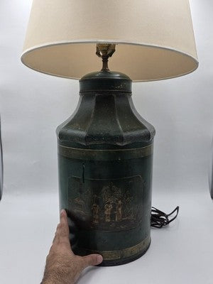 ULTRA RARE 19TH C. HAND PAINTED ENGLISH CHINOISERIE GREEN TOLE TEA CANISTER LAMP