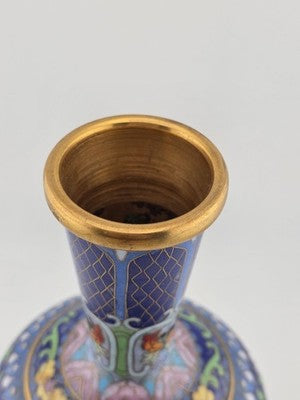 Rare Vintage Chinese Cloisonne Enamel Butterfly Floral Vase w Wood Stand Blue