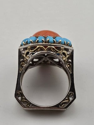 Rare 925 Sterling Silver Coral Turquoise Filigree Statement Ring Artisan Size 9