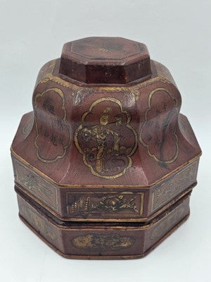 Early 19th C Chinese Qing Dynasty Red Lacquer Wedding Gift Basket Gilt Figures