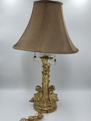 Antique Large Solid Brass Cherub Putti Table Lamp Hollywood Regency Gold. Works
