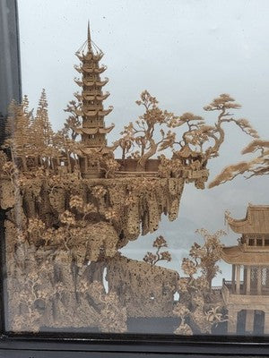 Large Scale Antique Chinese Carved Cork Diorama in Ebonised Glass Display Case