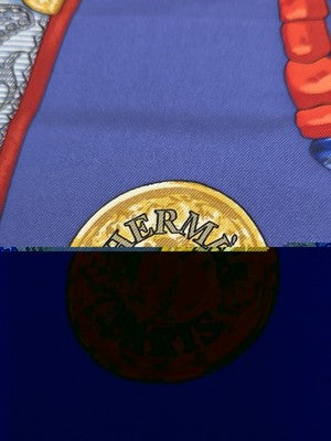 Hermès Silk Scarf 90 “Tibet” Cathy Latham Blue Red Gold Tibetan Jewelry Motif