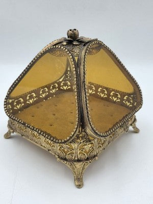 Antique Ornate Gilt Ormolu Vanity Set Amber Glass Jewelry Casket Mirror Brush