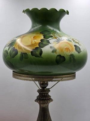 Antique Victorian Style Hurricane Lamp Electric Floral Shade Ornate Brass Base