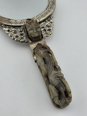 Rare Antique Chinese Ornate Jade and Silver  Carved Dragon Hand Mirror
