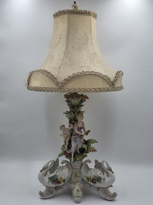 Rare Antique German Dresden Porcelain Figural Lamp Lady Cherub Swans 29"