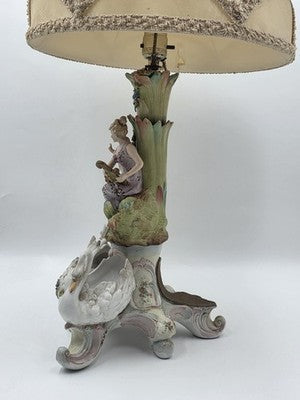 Rare Antique German Dresden Porcelain Figural Lamp Lady Cherub Swans 29"