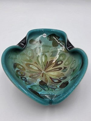 Unique Vintage Studio Art Glass Freeform Bowl Turquoise Black Millefiori Style