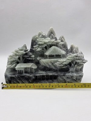 Vtg 11" Old Chinese Dushan Jade Carving Mountain Water Pine Tree Ship Sculpture