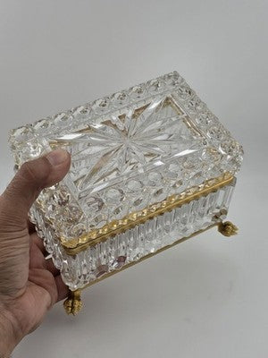 French Baccarat Style Jewelry Casket Footed Box Heavy Crystal Glass Hinged Lid