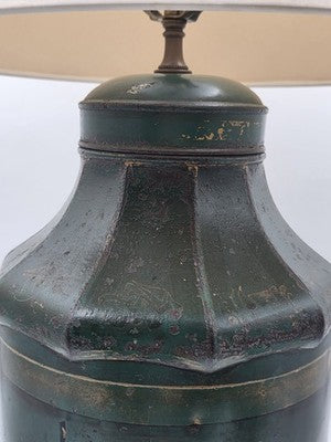 ULTRA RARE 19TH C. HAND PAINTED ENGLISH CHINOISERIE GREEN TOLE TEA CANISTER LAMP