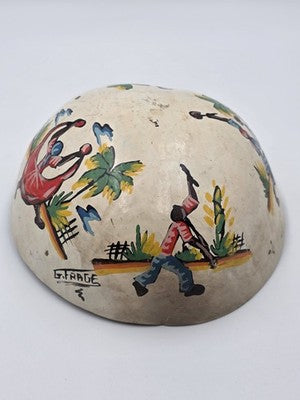 Antique 1930's Haitian Folk Art Coconut Shell Calabash Hand Painted Bowl Signed