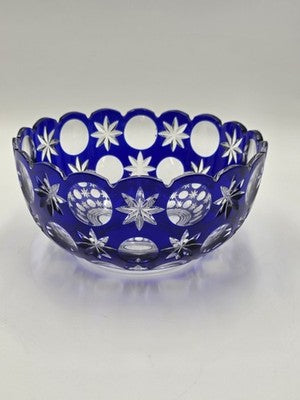 Rare Vintage Bohemian Hand Cut Crystal Glass Blue to Clear bowl SIGNED 8.75”