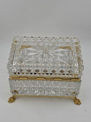 French Baccarat Style Jewelry Casket Footed Box Heavy Crystal Glass Hinged Lid