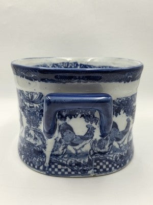 Pair XL Blue White Transferware Cachepot Jardiniere Planters Farm Animal Decor