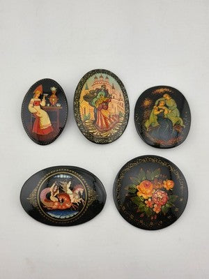 Rare Set Of 5 Vintage Hand Painted Brooch Pins Black Lacquer Russian Folk Art