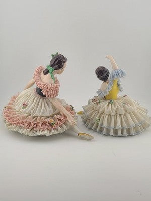 Pair Antique Dresden Lace Ballerina Figurine Dancer Handarbeit Germany Porcelain