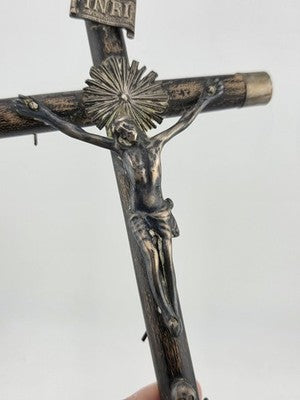 Antique 19th C Crucifix Metal Jesus On Wood Cross W Rare Tips Memento Mori Skull