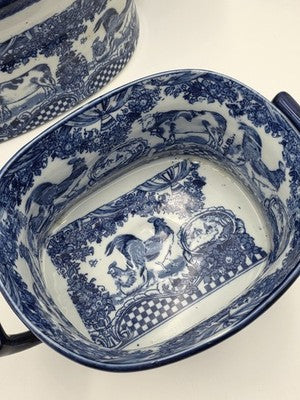 Pair XL Blue White Transferware Cachepot Jardiniere Planters Farm Animal Decor
