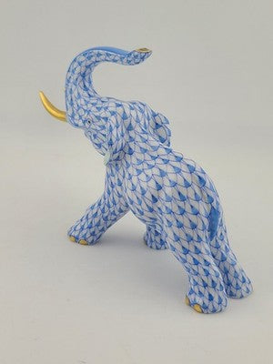 Herend Blue Fishnet Charging Elephant Figurine VHB Artist Signed Vecsey Tamas