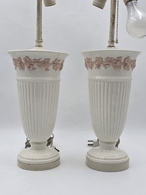 Pair Wedgwood Queensware Jasperware Cream Pink Grapevine Relief Table Lamps 24"